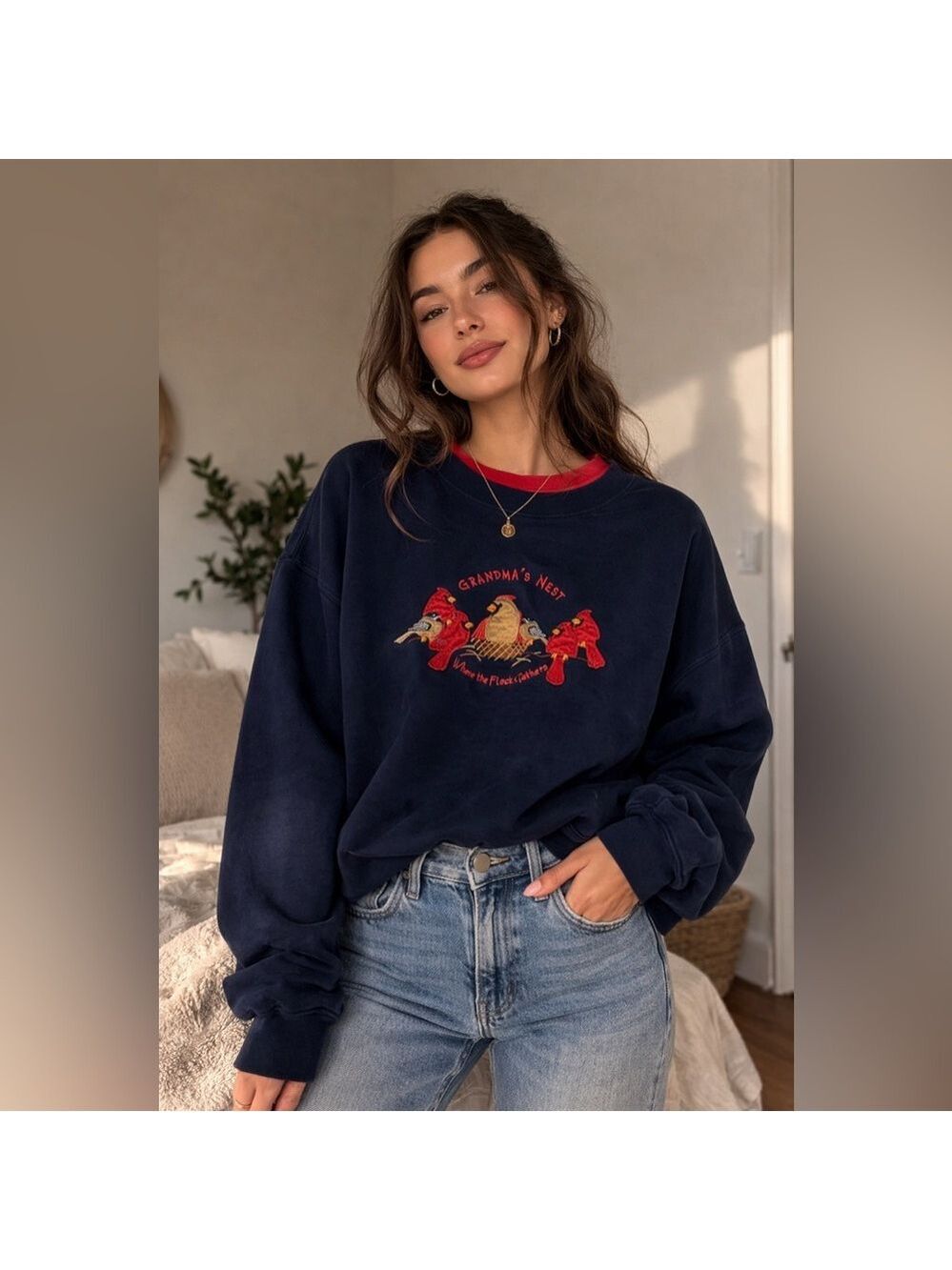 Vintage 90s Cardinals Grandma sweater embroidered birds